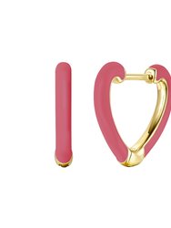 Rachel Glauber Children's 14k Gold Plated with Magenta-Red Enamel Inlay Heart Hoop Earrings - Coral
