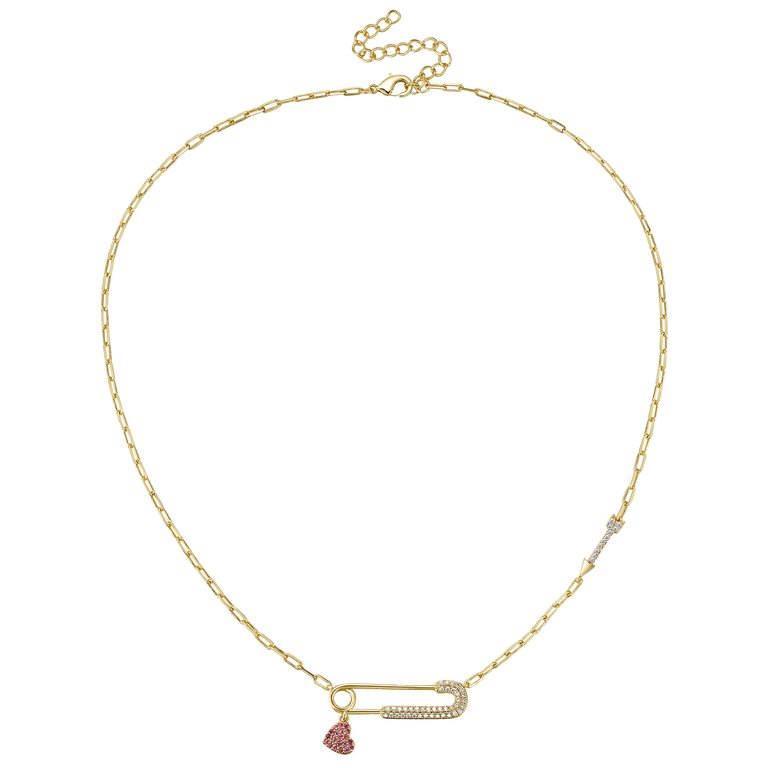 Rachel Glauber Children's 14k Gold Plated with Ruby & Diamond Cubic Zirconia Heart Charm Dangle Paperclip Adjustable Length Necklace - Pink
