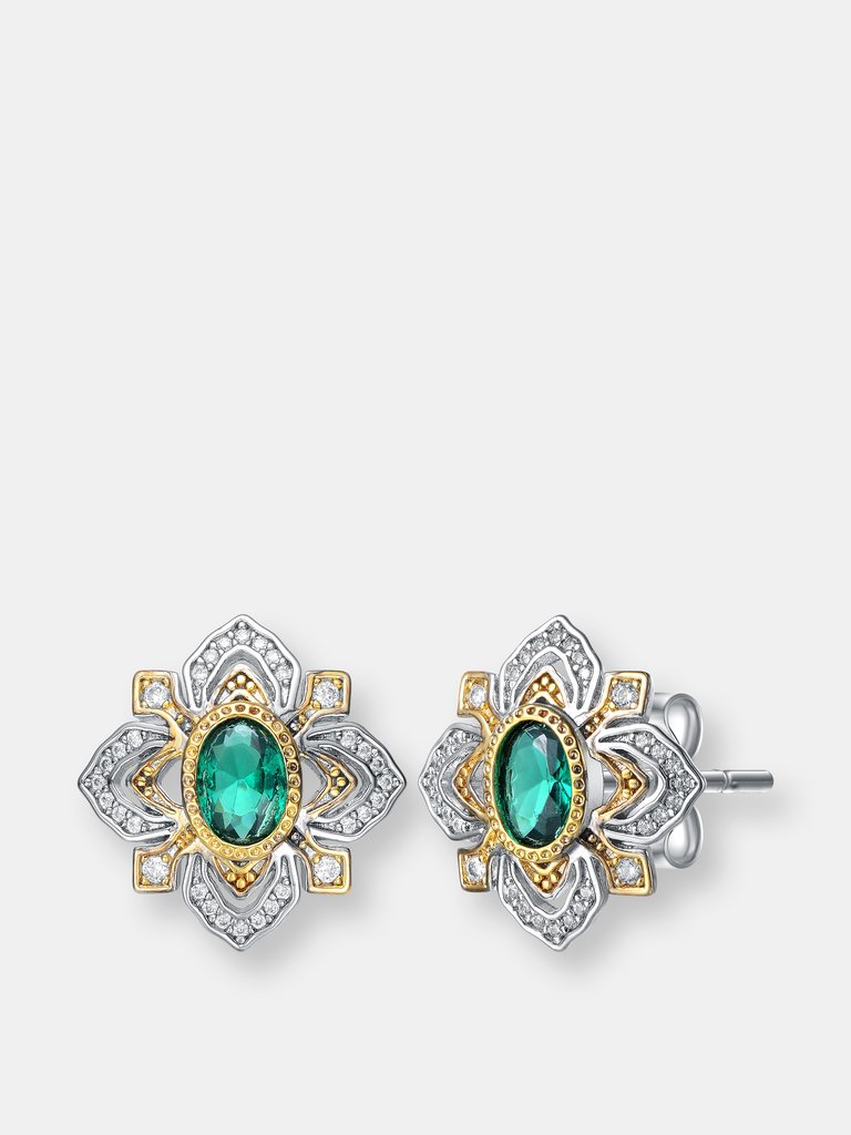 Rachel Glauber Rhodium And 14k Gold Plated Emerald Cubic Zirconia Stud Earrings - Green