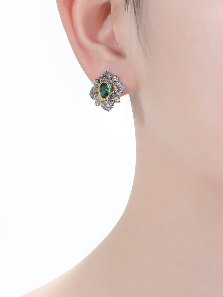 Rachel Glauber Rhodium And 14k Gold Plated Emerald Cubic Zirconia Stud Earrings