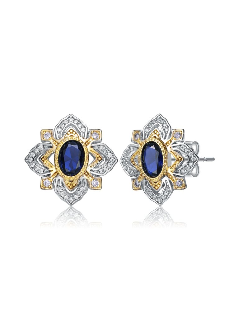 Rachel Glauber Rhodium And 14k Gold Plated Sapphire Cubic Zirconia Stud Earrings - Blue