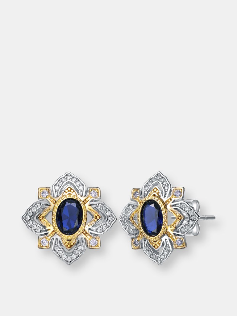 Rachel Glauber Rhodium And 14k Gold Plated Sapphire Cubic Zirconia Stud Earrings - Blue