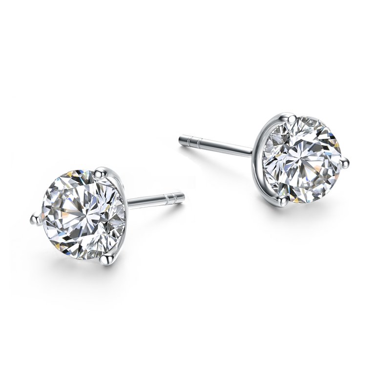 Rachel Glauber White Gold Plated and Clear Cubic Zirconia Solitaire Stud Earrings - White