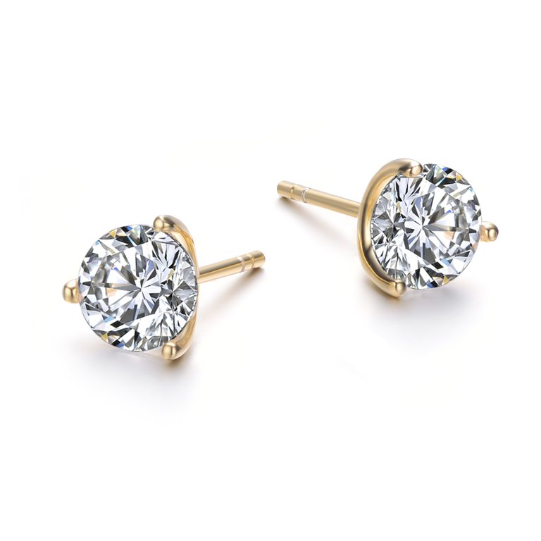 Rachel Glauber White Gold Plated and Clear Cubic Zirconia Solitaire Stud Earrings - Gold