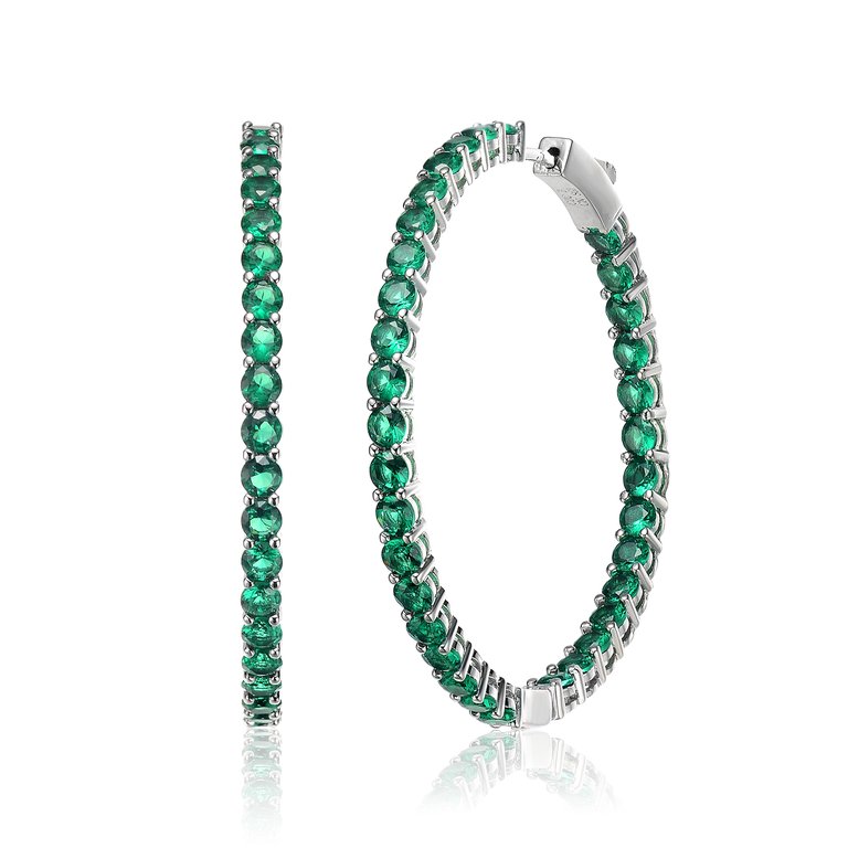 Rachel Glauber White Gold Plated with Emerald Cubic Zirconia Inside-Out Round Hoop Earrings - Green