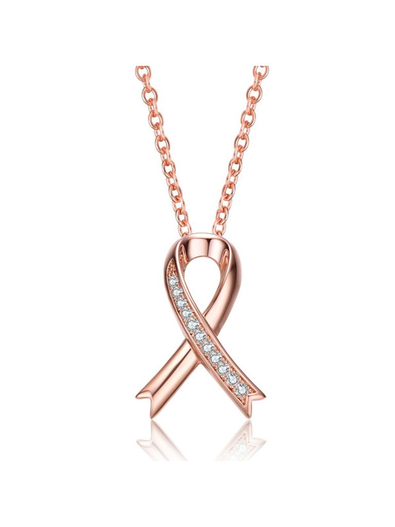 Teens/Young Adults 18k Rose Gold Plated With Clear Cubic Zirconia Ribbon Pendant Necklace - Pink