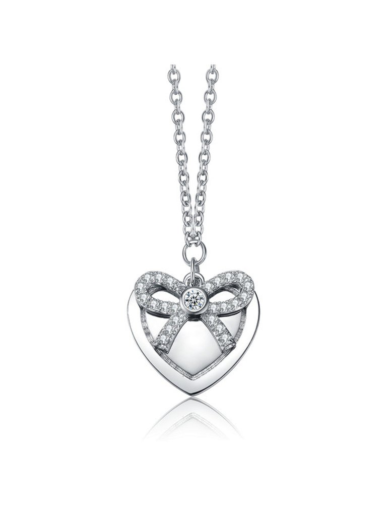 White Gold Plated Bow Tie On Heart Shaped Pendant Necklace - Silver