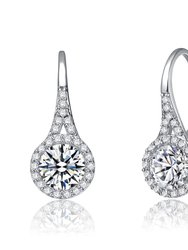 White Gold Plated Clear Round Cubic Zirconia Partially Paved and Haloed Solitaire Drop Earrings - Silver