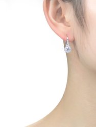 White Gold Plated Clear Round Cubic Zirconia Partially Paved and Haloed Solitaire Drop Earrings