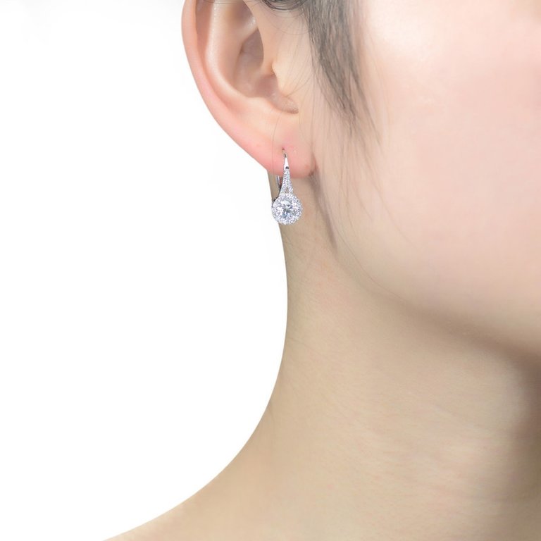 White Gold Plated Clear Round Cubic Zirconia Partially Paved and Haloed Solitaire Drop Earrings