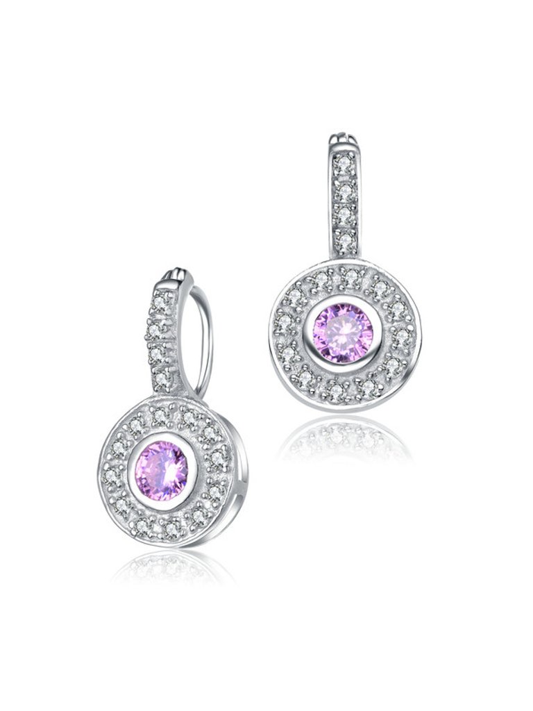 White Gold Plated Round Dangle Earrings With Pink Cubic Zirconia