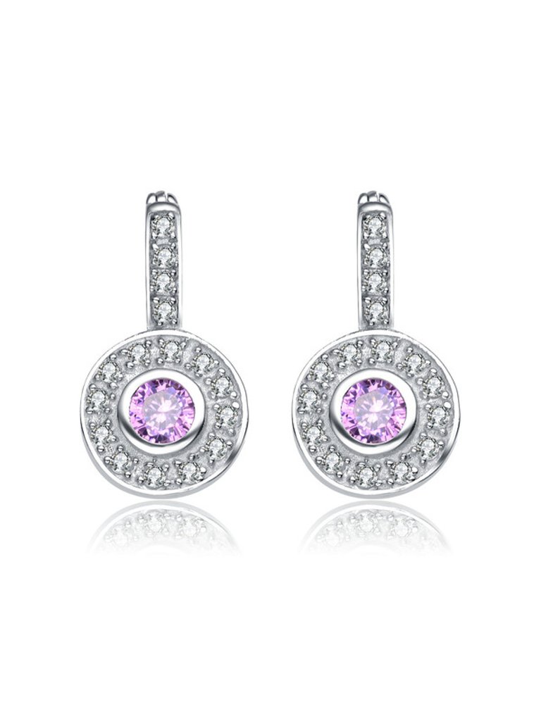 White Gold Plated Round Dangle Earrings With Pink Cubic Zirconia - Pink