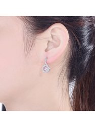 White Gold Plated Round Dangle Earrings With Pink Cubic Zirconia
