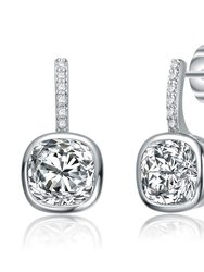 White Gold Plated Square Framed Stud Linear Earrings with Clear Cubic Zirconia - Silver