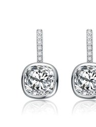 White Gold Plated Square Framed Stud Linear Earrings with Clear Cubic Zirconia
