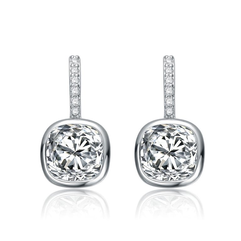 White Gold Plated Square Framed Stud Linear Earrings with Clear Cubic Zirconia