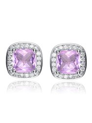 White Gold Plated Square Stud Earrings With Pink Cubic Zirconia - Pink