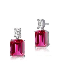 White Gold Plated With Colored Cubic Zirconia Rectangle Stud Earrings - Ruby Red