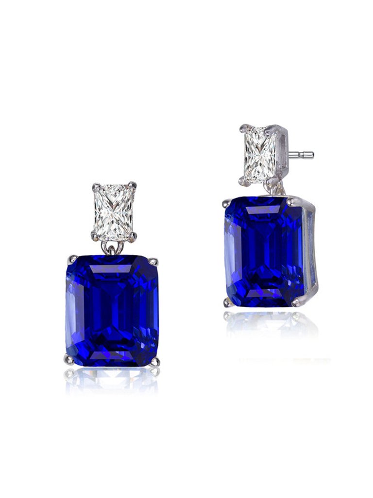 White Gold Plated With Colored Cubic Zirconia Rectangle Stud Earrings - Sapphire Blue