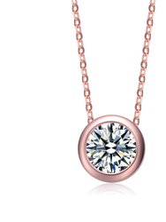 White Gold Plated With Diamond Cubic Zirconia Round Solitaire Bezel Floating Pendant Necklace - Pink