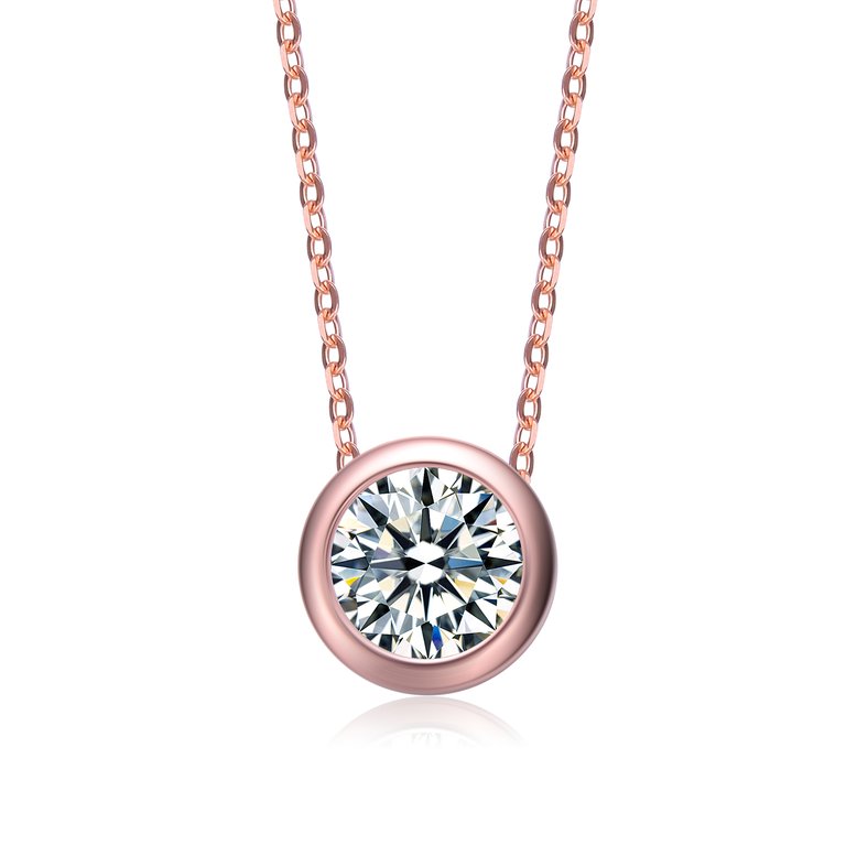 White Gold Plated With Diamond Cubic Zirconia Round Solitaire Bezel Floating Pendant Necklace - Pink