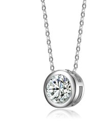 White Gold Plated With Diamond Cubic Zirconia Round Solitaire Bezel Floating Pendant Necklace