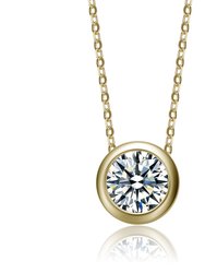 White Gold Plated With Diamond Cubic Zirconia Round Solitaire Bezel Floating Pendant Necklace - Gold