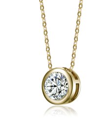 White Gold Plated With Diamond Cubic Zirconia Round Solitaire Bezel Floating Pendant Necklace