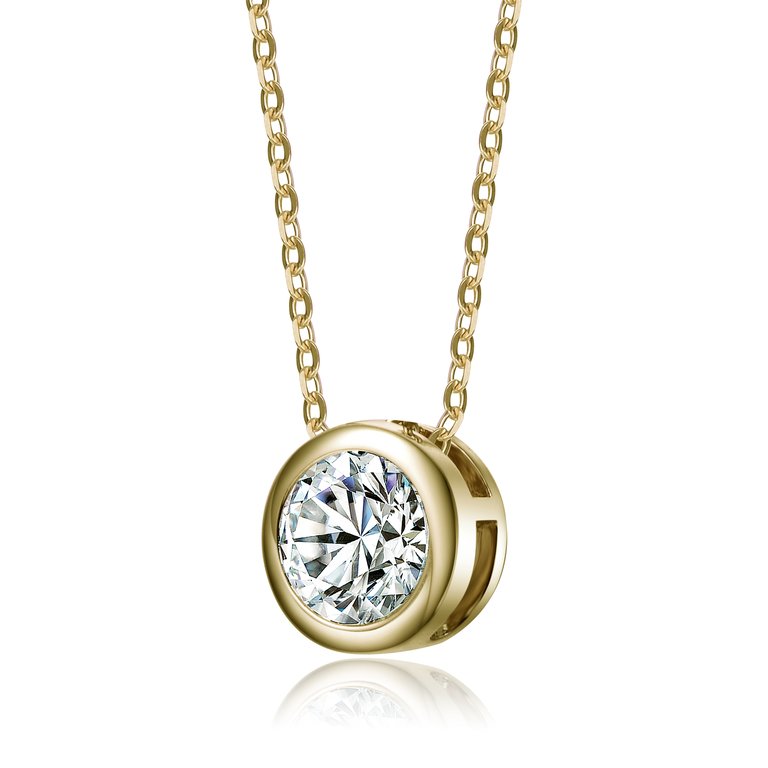 White Gold Plated With Diamond Cubic Zirconia Round Solitaire Bezel Floating Pendant Necklace