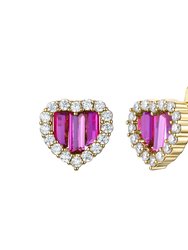 Young Adult 14k Gold Plated With Ruby & Diamond Cubic Zirconia Baguette Heart Halo Stud Earring - Gold/Pink