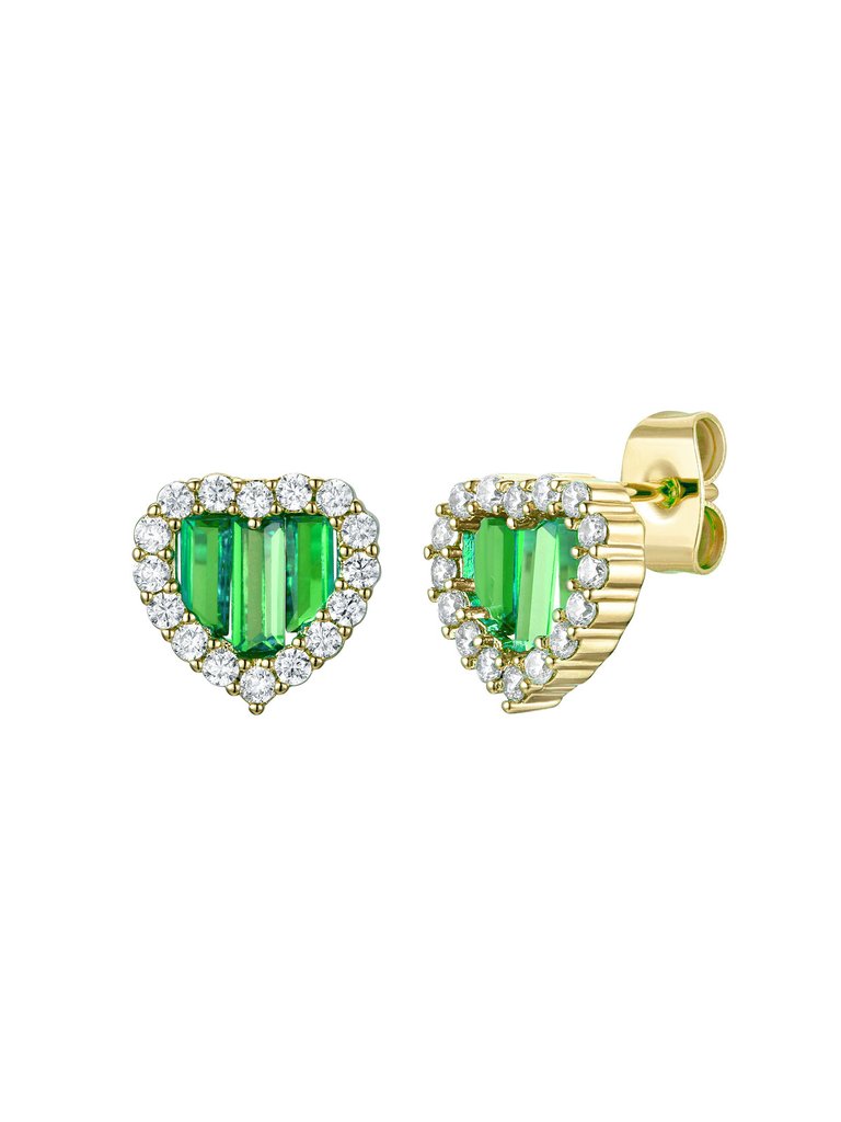 Young Adult 14k Yellow Gold Plated With Colored Cubic Zirconia Heart Stud Earring - Emerald Green