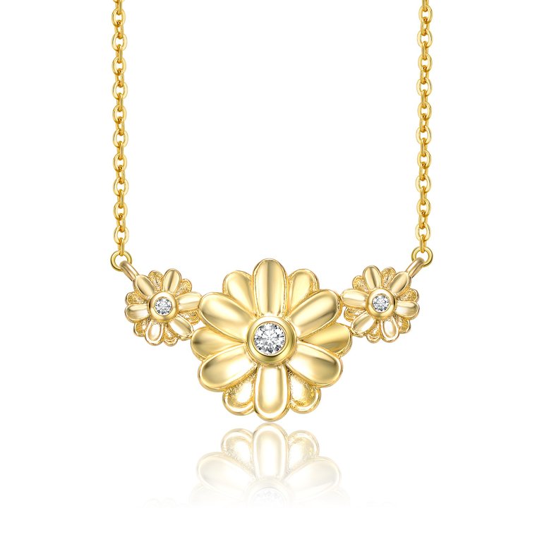Young Adults 14k Yellow Gold Plated With - Like Cubic Zirconia Triple Daisy Flower Chevron Pendant Necklace - Gold