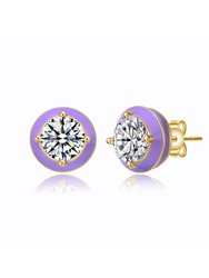 Young Adults/Teens 14k Yellow Gold Plated With Clear Cubic Zirconia Amethyst Enamel Round Stud Earrings - Amethyst
