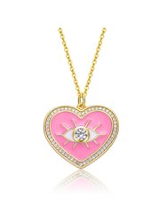 Young Adults/Teens 14k Yellow Gold Plated With Clear Cubic Zirconia Pink Enamel Heart Pendant - Pink