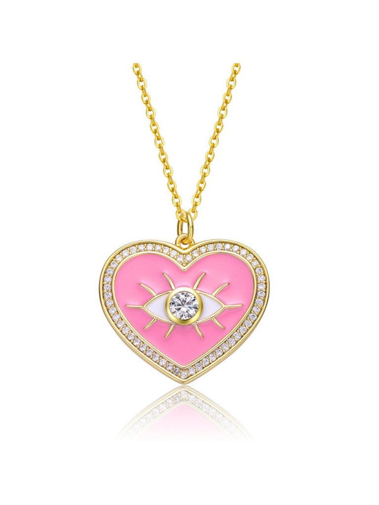 Young Adults/Teens 14k Yellow Gold Plated With Clear Cubic Zirconia Pink Enamel Heart Pendant - Pink
