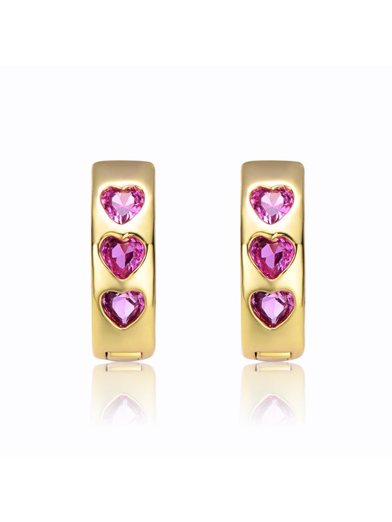 Young Adults/Teens 14k Yellow Gold Plated With Heart Pink Cubic Zirconia Hoop Earrings