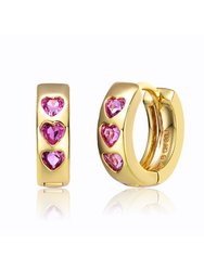 Young Adults/Teens 14k Yellow Gold Plated With Heart Pink Cubic Zirconia Hoop Earrings - Pink