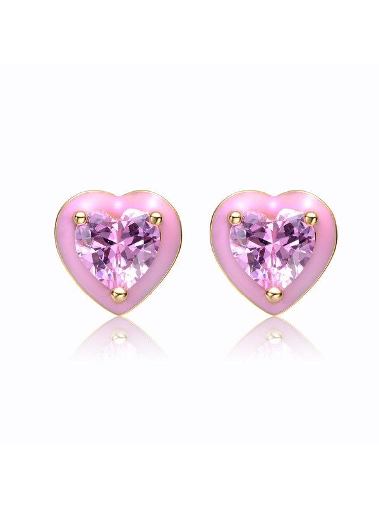 Young Adults/Teens 14k Yellow Gold Plated With Pink Cubic Zirconia And Pink Enamel Heart Stud Earrings