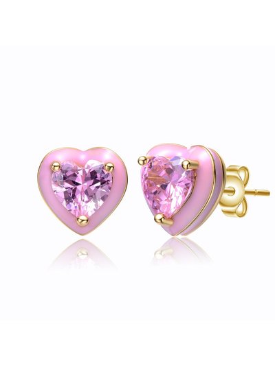 Rachel Glauber Young Adults/Teens 14k Yellow Gold Plated With Pink Cubic Zirconia And Pink Enamel Heart Stud Earrings product