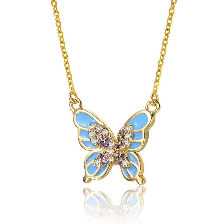 Young Adults/Teens 14k Yellow Gold Plated With Shades Of Amethyst Cubic Zirconia Blue Enamel Butterfly Pendant Necklace