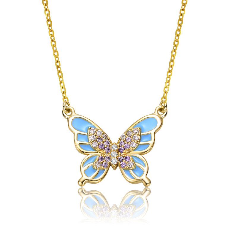 Young Adults/Teens 14k Yellow Gold Plated With Shades Of Amethyst Cubic Zirconia Blue Enamel Butterfly Pendant Necklace - Gold/Blue