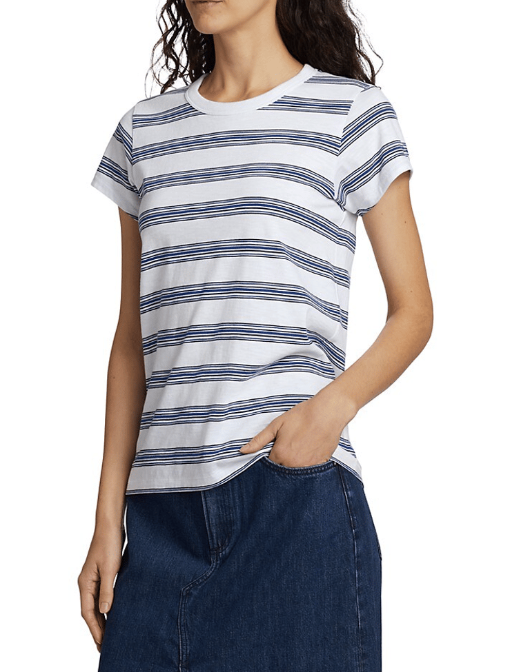 Women The Slub Tee White Blue Striped Easy Fit Cotton T-Shirt