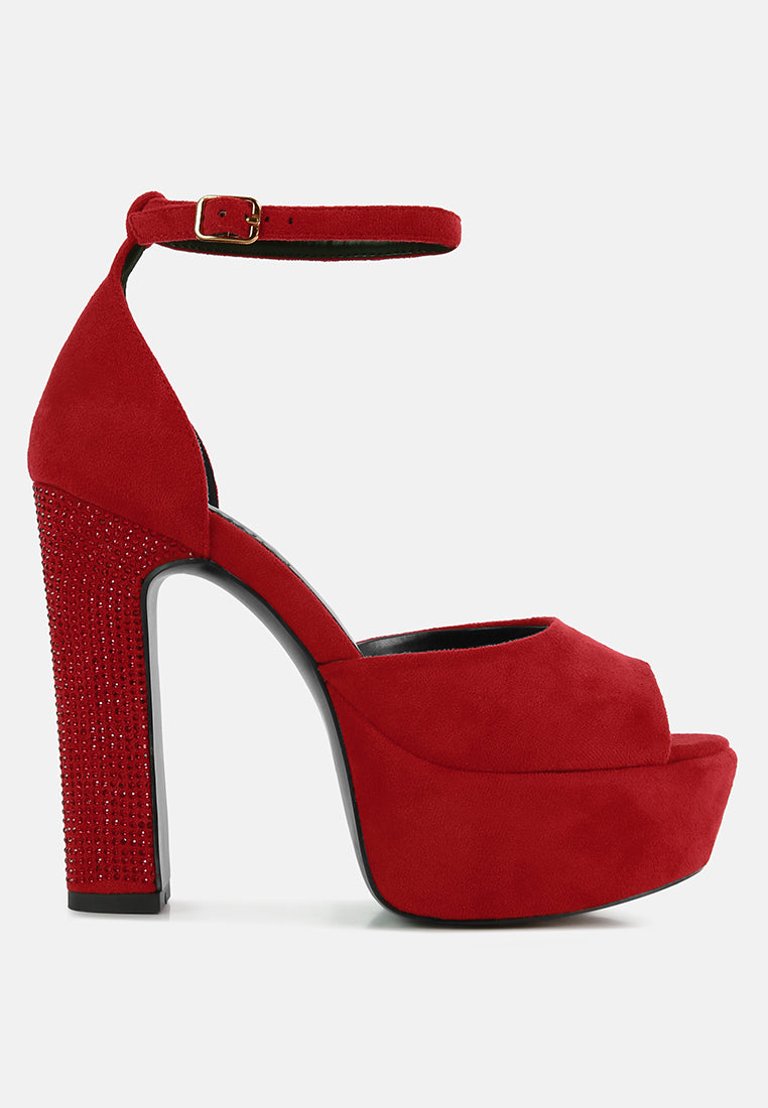 Rag Co Red Beaty Red Studded Suede High Block Heeled Sandals