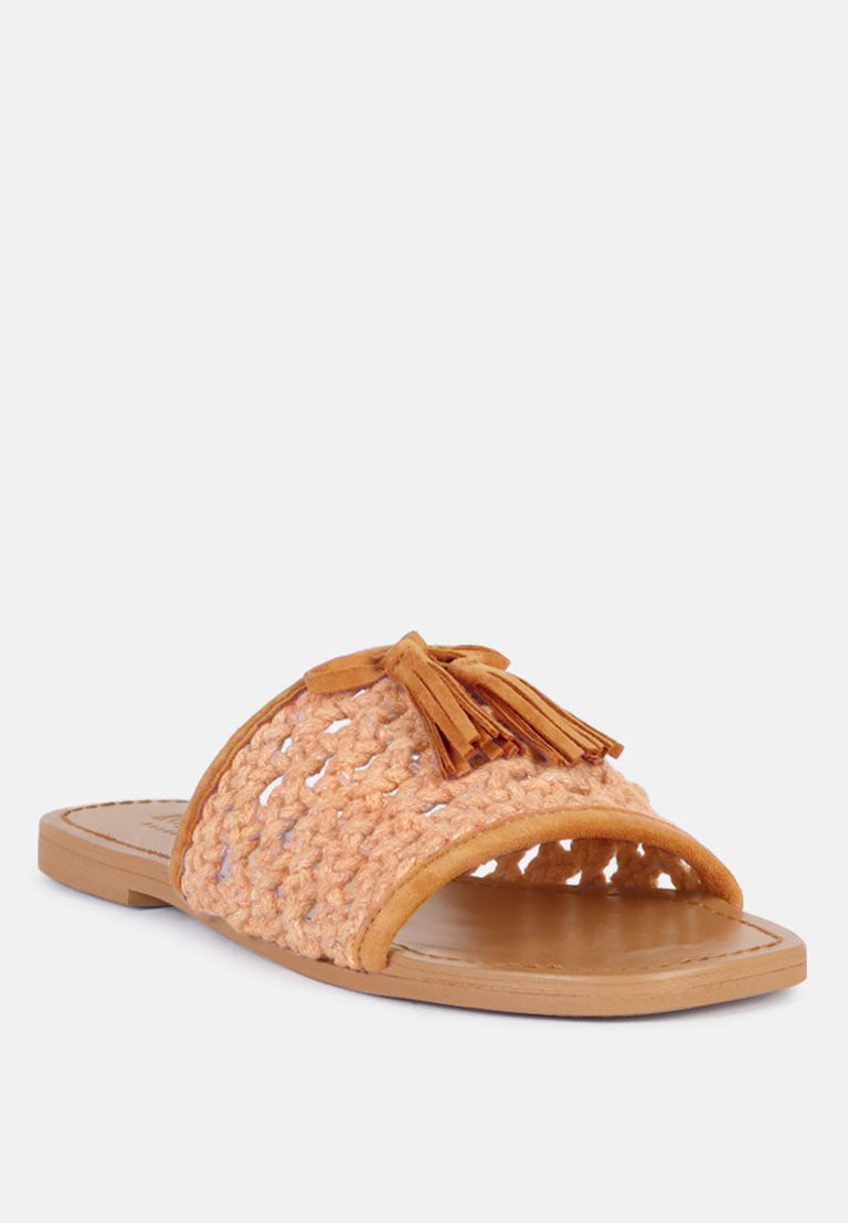 Cedar Handwoven Natural Tan Tassel Flats - Tan