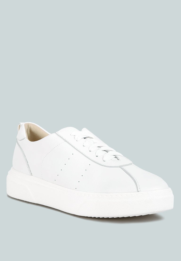 Magull Solid Lace Up Leather Sneakers In White - White