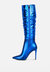 New Expession Blue Metallic Ruched Stiletto Calf Boots
