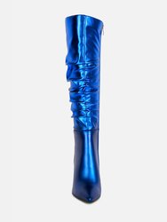 New Expession Blue Metallic Ruched Stiletto Calf Boots