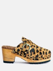 Prunus Leopard Buckled Suede Round Toe Mule Clogs