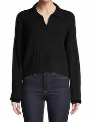 Maxine Wool Ribbed Knit Polo Sweater - Black