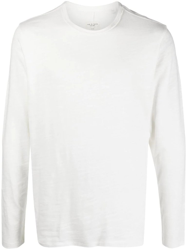Men's White Knit Long Sleeve Cotton T-Shirt Pullover - White